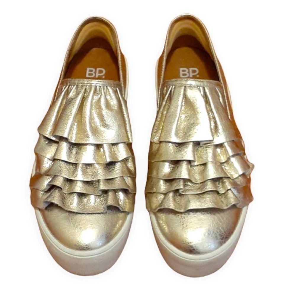 Nordstrom BP Marian Gold Metallic Ruffle Slip On Platform Shoes Size 6 1/2